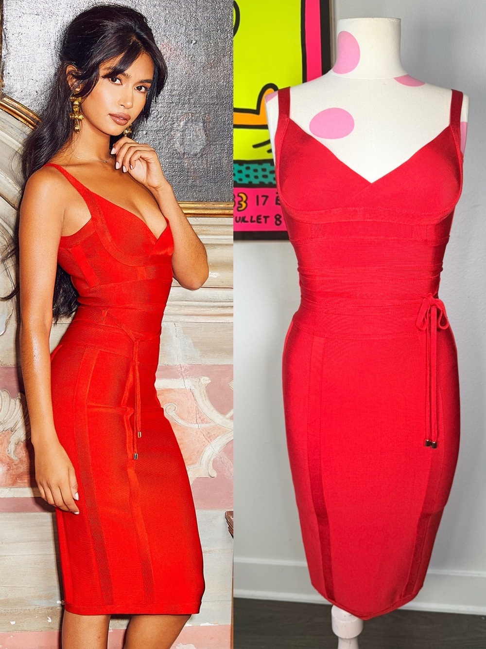 House of CB Belice Red Tie Waist Bandage Dress XS